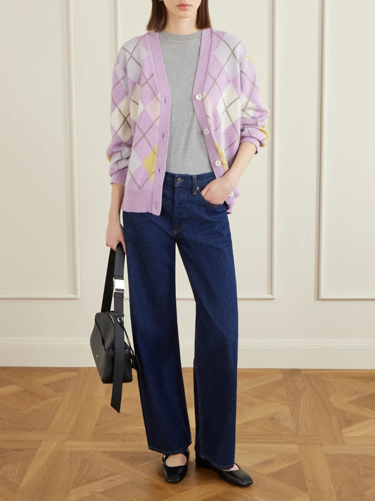Image of a model wearing Outerwear. Product name - Argyle Wool Cardigan in Lilac colour by brand - &Daughter