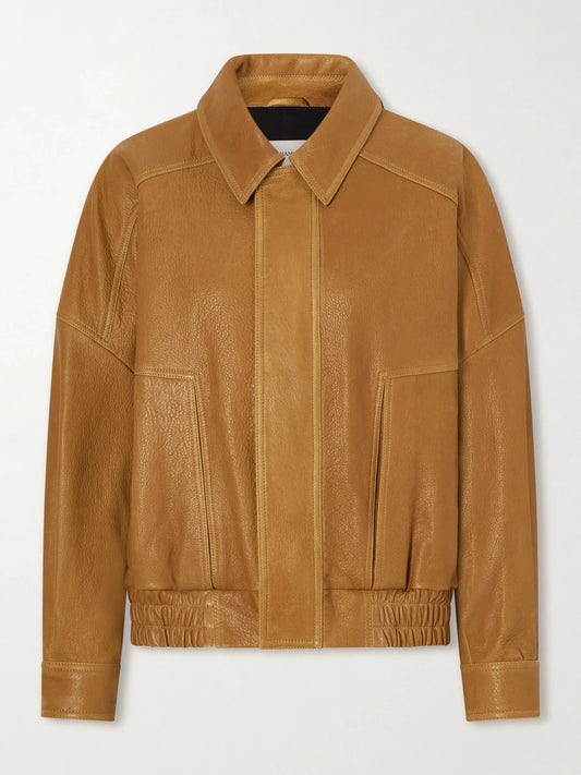 Image of Coats & Jackets. Product name - Dalma Leather Jacket in Mustard colour by brand - Nour Hammour