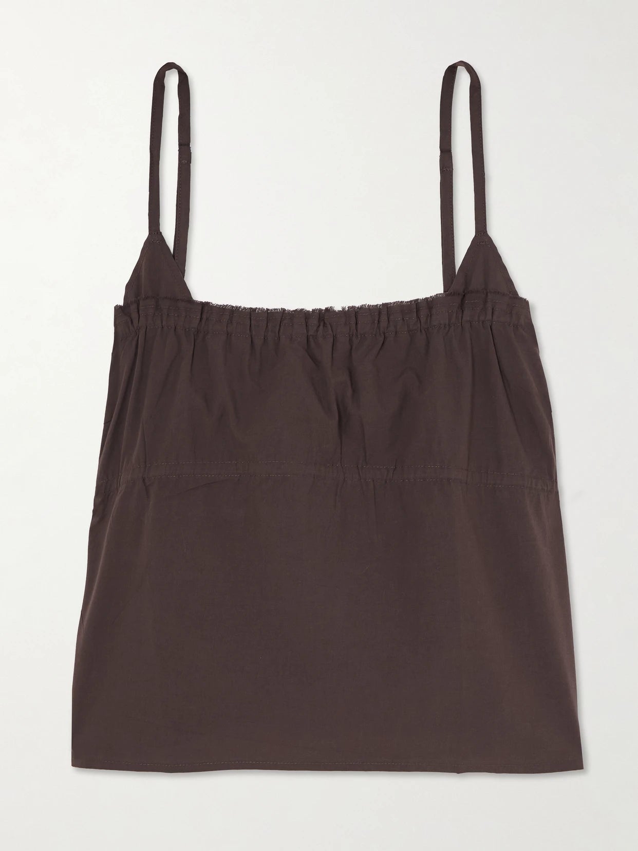 Image of a model wearing Tops. Product name - Tri Frayed Organic Cotton Camisole in Brown colour by brand - Deiji Studios