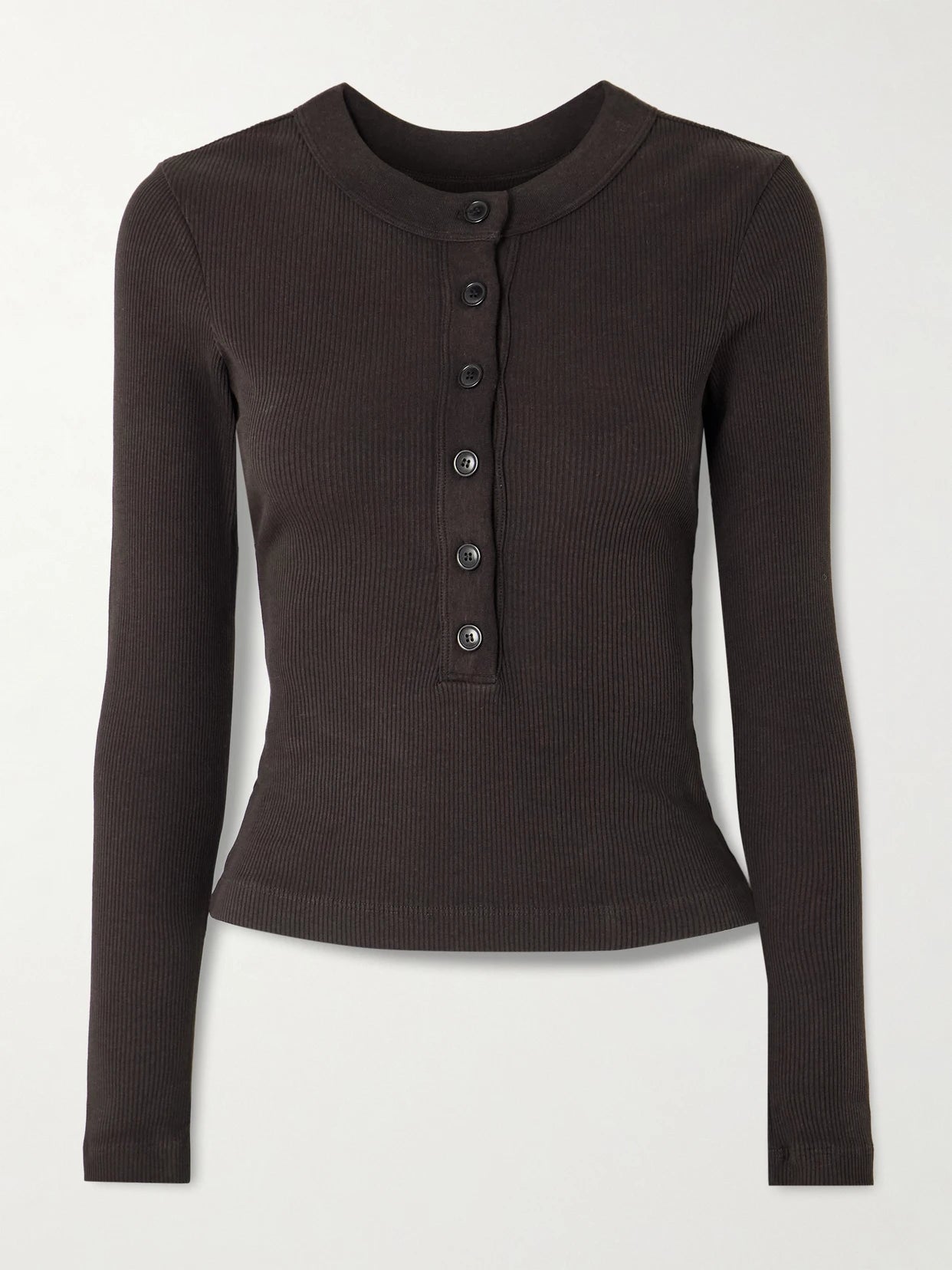 Image of a model wearing Tops. Product name - Varra Ribbed Stretch Organic Cotton And Lyocell-blend Henley Top in Chocolate colour by brand - Citizens of Humanity