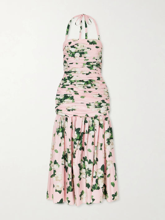 Image of Dresses. Product name - Floral-print Ruched Cotton-blend Maxi Dress in Pink colour by brand - Carolina Herrera