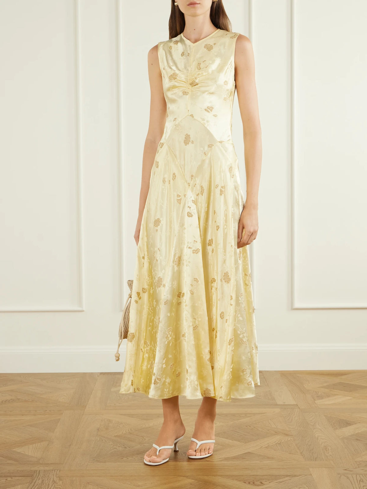 Image of Dresses. Product name - Ginette Paneled Floral Satin-jacquard Midi Dress in Yellow colour by brand - DÔEN