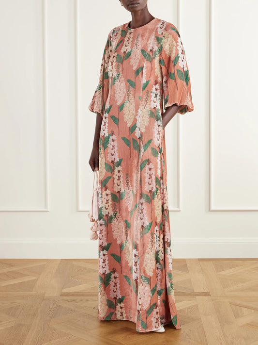 Image of Dresses. Product name - Roxette Floral-print Velvet Gown in Pink colour by brand - BERNADETTE