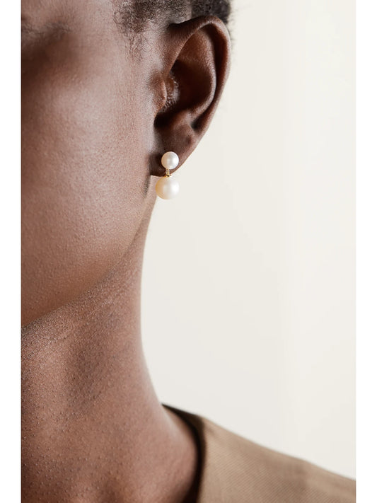 Image of Earrings. Product name - Duo 14-karat Gold Pearl Earrings in Multi colour by brand - Mateo
