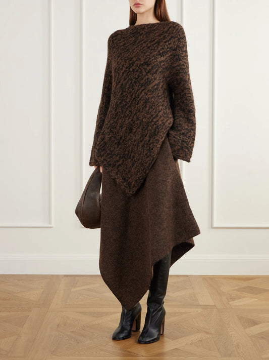 Image of a model wearing Outerwear. Product name - Manta Asymmetrical Alpaca, Pima Cotton And Merino Wool-blend Sweater in Brown colour by brand - Lauren Manoogian