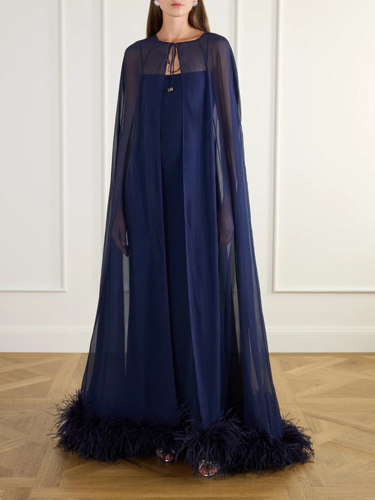 Image of Dresses. Product name - Grace Feather-trimmed Silk-chiffon Gown in Navy colour by brand - Taller Marmo