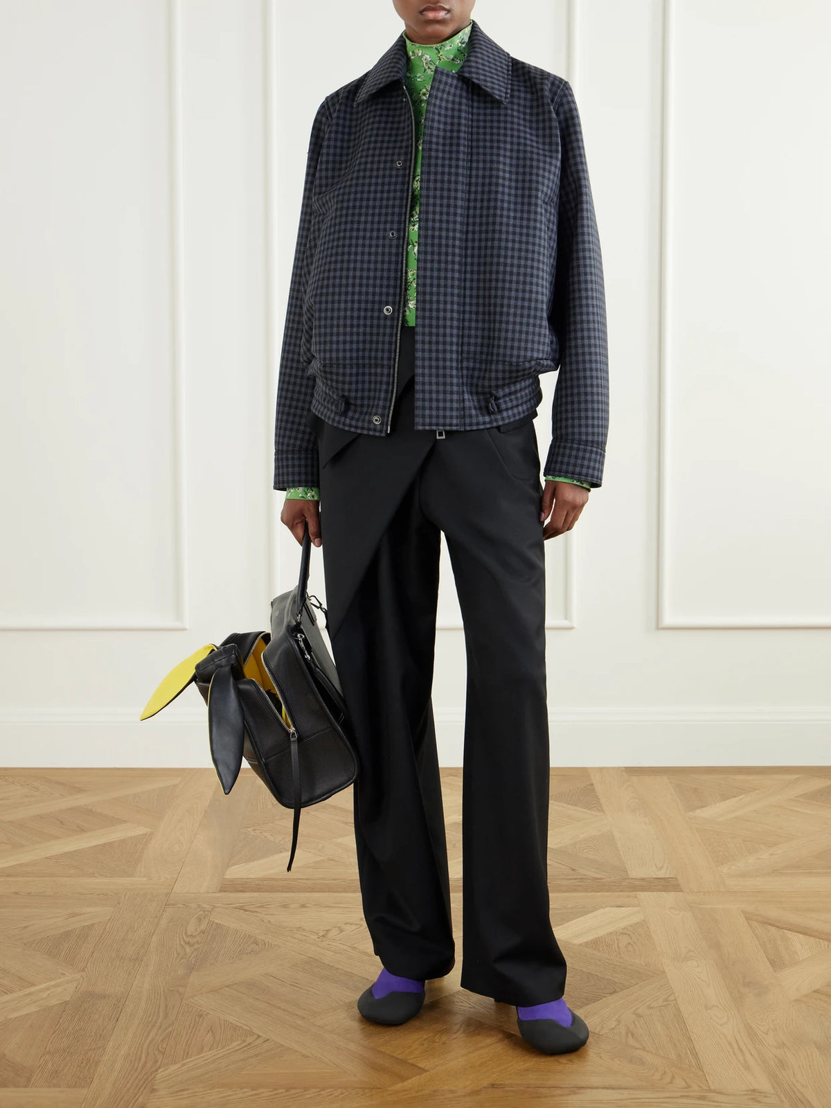 Image of Coats & Jackets. Product name - Checked Wool-blend Jacket in Navy colour by brand - LOEWE
