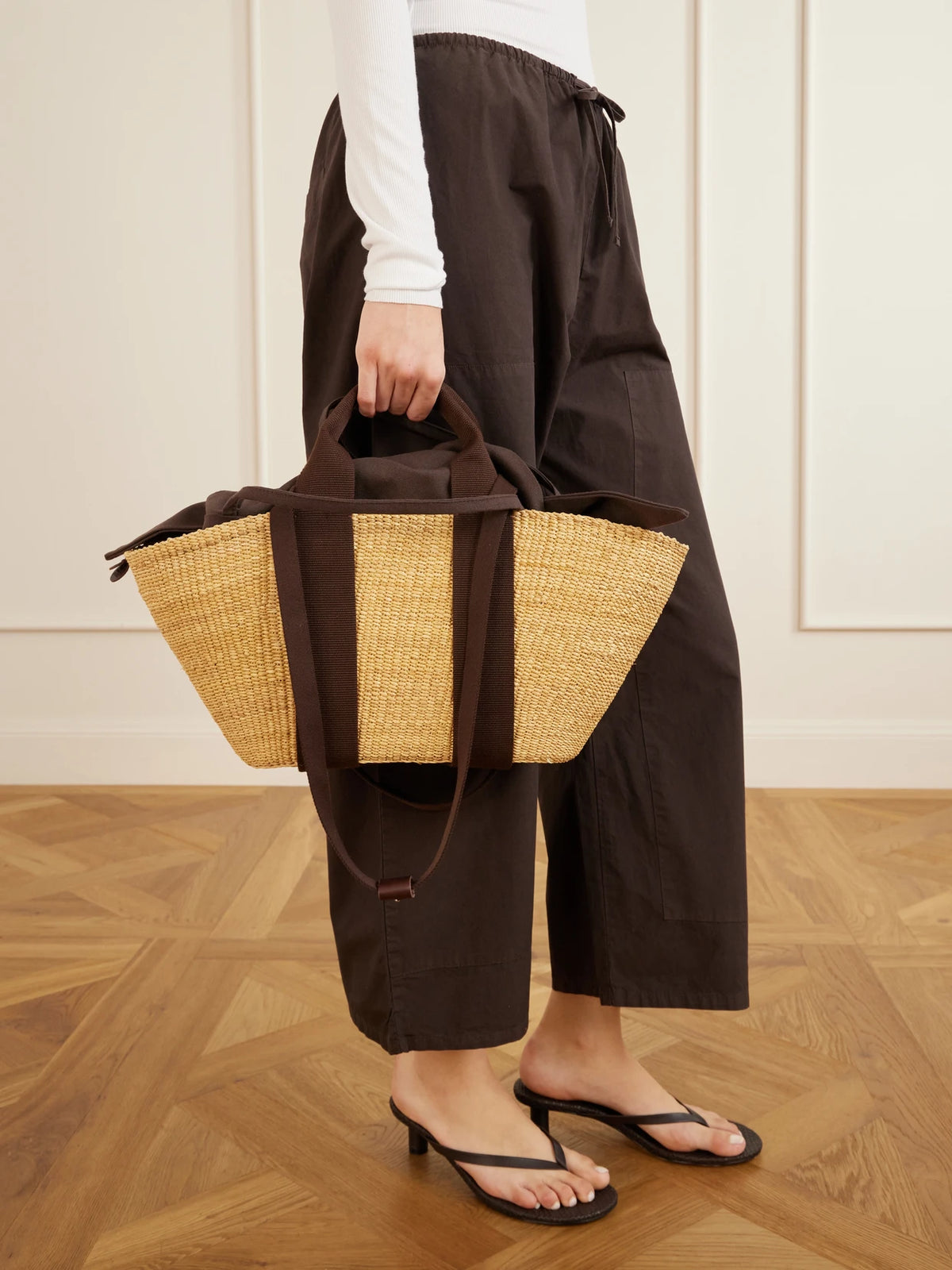 Image of Bags. Product name - Cotton-trimmed Raffia Tote in Neutral colour by brand - MUUÑ