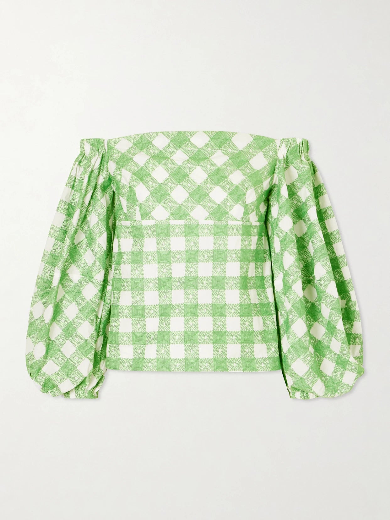 Empire Balloon Off-the-shoulder Checked Cotton Blouse
