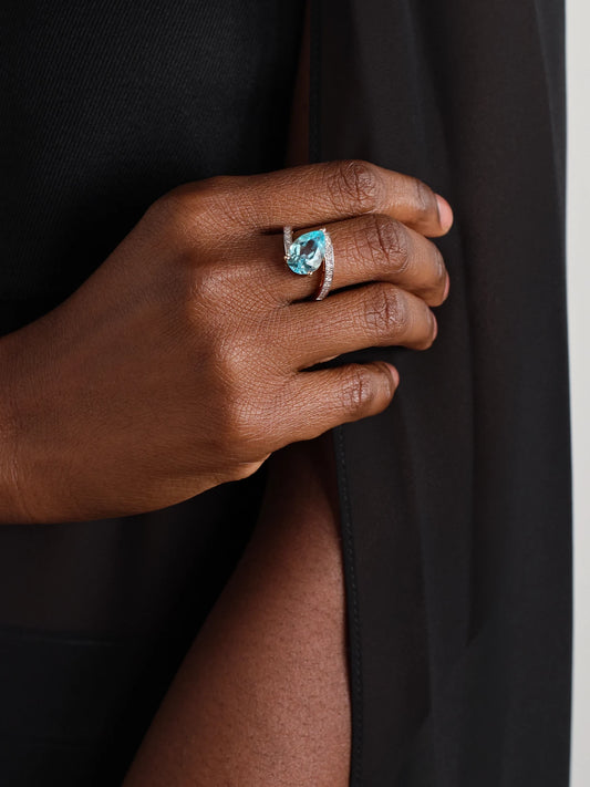 Image of Rings. Product name - Slanted 14-karat Gold, Topaz And Diamond Ring in Light blue colour by brand - Mateo