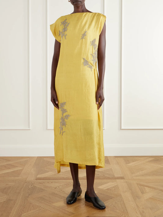 Image of Dresses. Product name - Embroidered Pleated Crinkled Silk-dupioni Midi Dress in Yellow colour by brand - Kartik Research