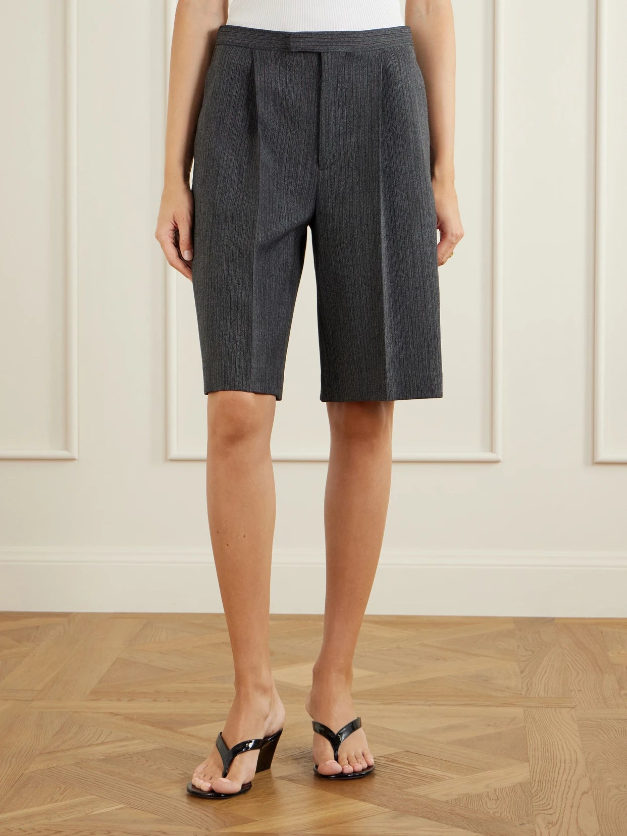 Striped Pleated Mélange-twill Shorts