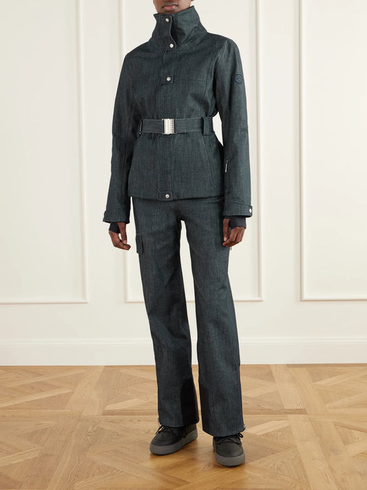 Image of a model wearing Pants. Product name - Zurs Denim-effect Shell Straight-leg Ski Pants in Navy colour by brand - Cordova