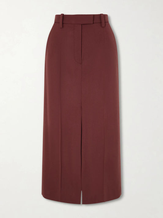 Image of a model wearing Skirts. Product name - Wool Midi Skirt in Burgundy colour by brand - Brunello Cucinelli