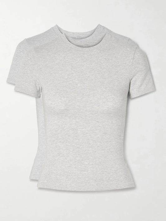 Image of a model wearing Tops. Product name - Set Of Two Stretch-cotton Jersey T-shirts - Light Heather Grey in Light gray colour by brand - SKIMS