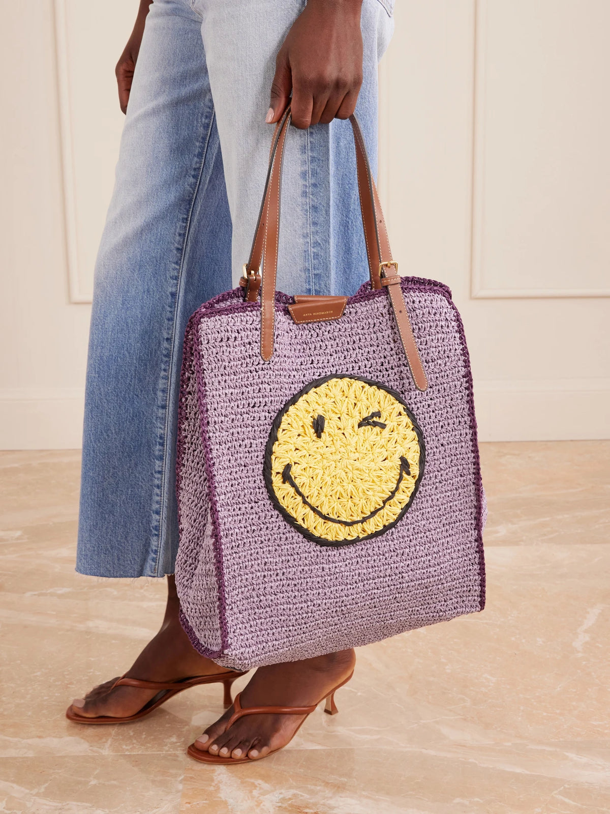 Image of Bags. Product name - Wink Leather-trimmed Raffia Tote in Lilac colour by brand - Anya Hindmarch