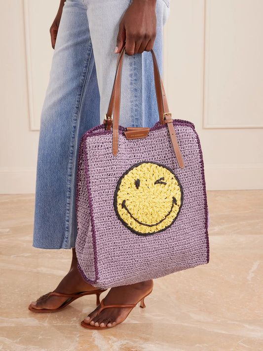 Image of Bags. Product name - Wink Leather-trimmed Raffia Tote in Lilac colour by brand - Anya Hindmarch