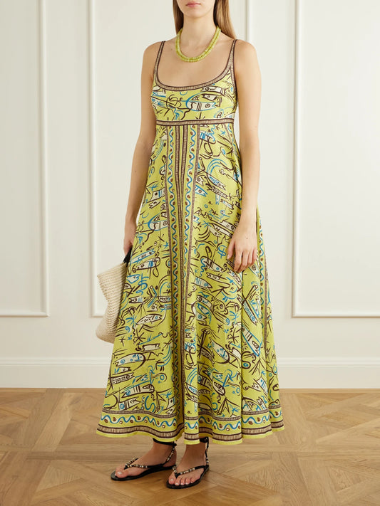 Image of Dresses. Product name - Fish Sticks Printed Linen Midi Dress in Yellow colour by brand - ALÉMAIS