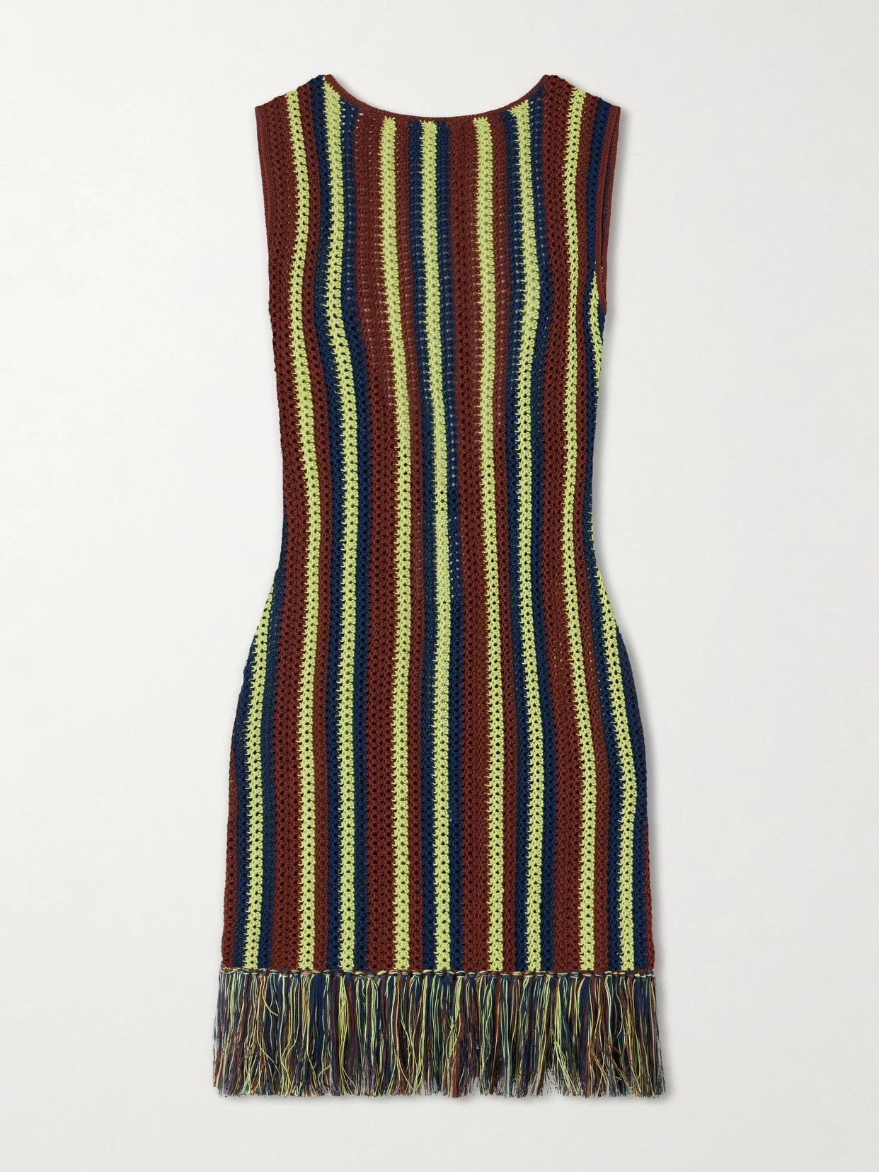 Misti Matcha Striped Fringe-trimmed Crocheted Cotton Mini Dress