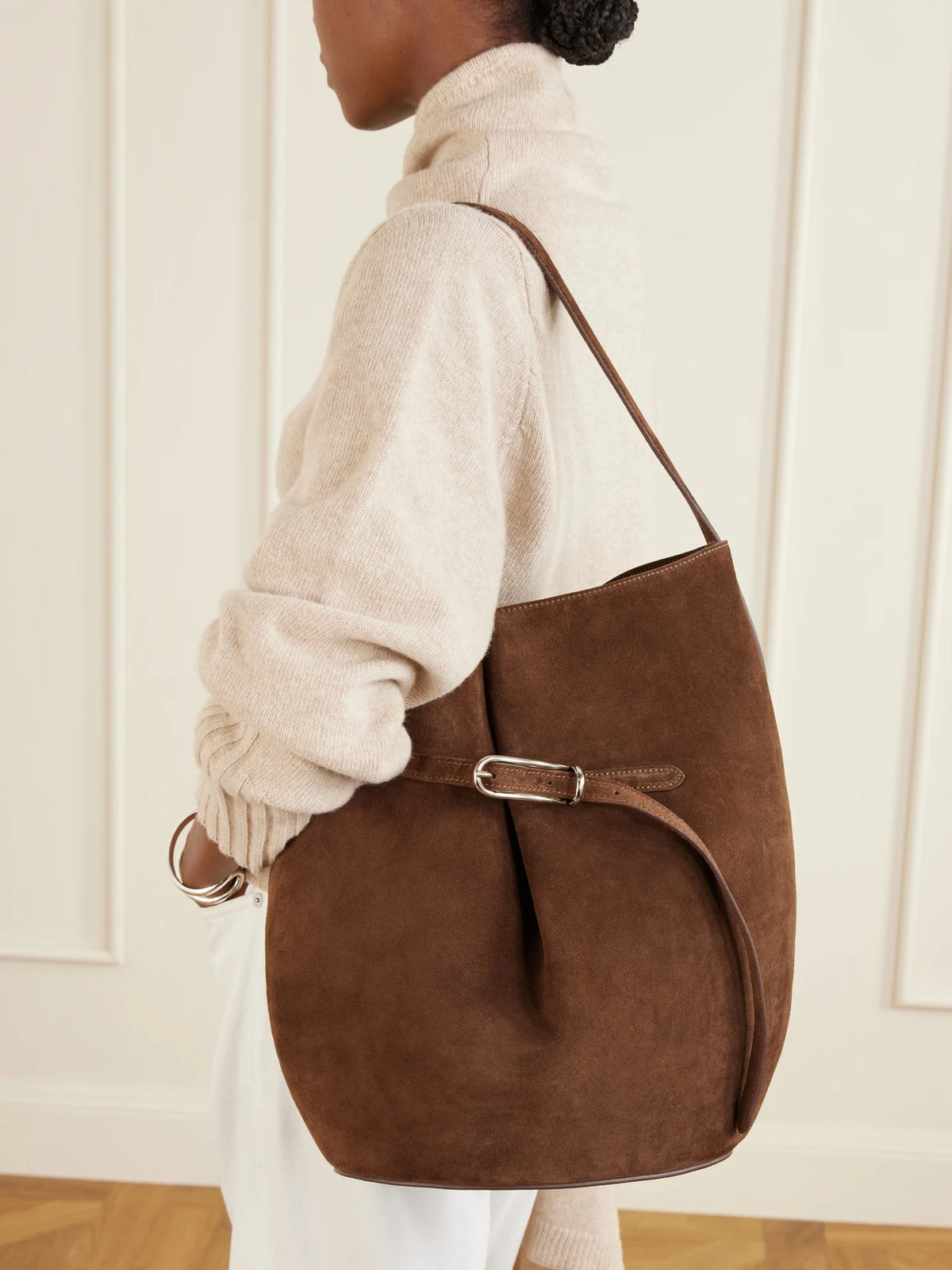 Image of Bags. Product name - Buckled Large Suede Shoulder Bag in Dark brown colour by brand - Liffner