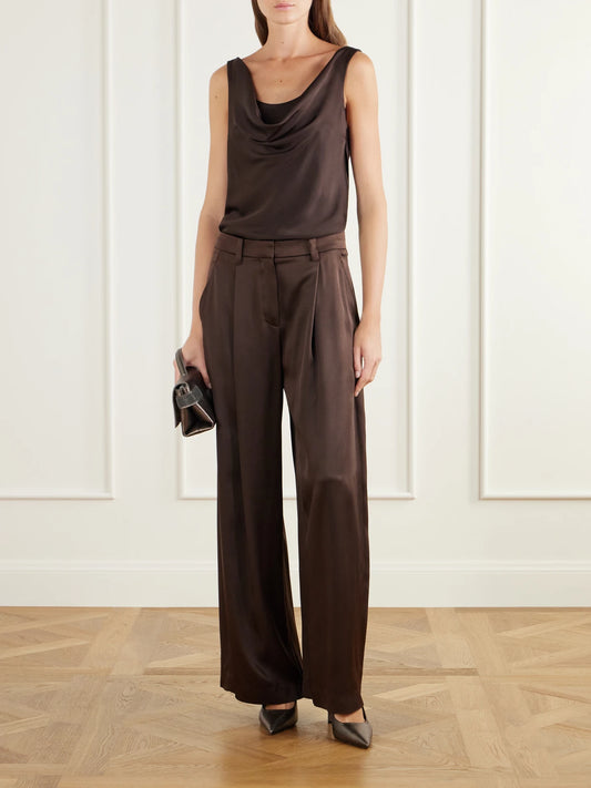 Image of a model wearing Tops. Product name - Silk-satin Tank in Dark brown colour by brand - Brunello Cucinelli