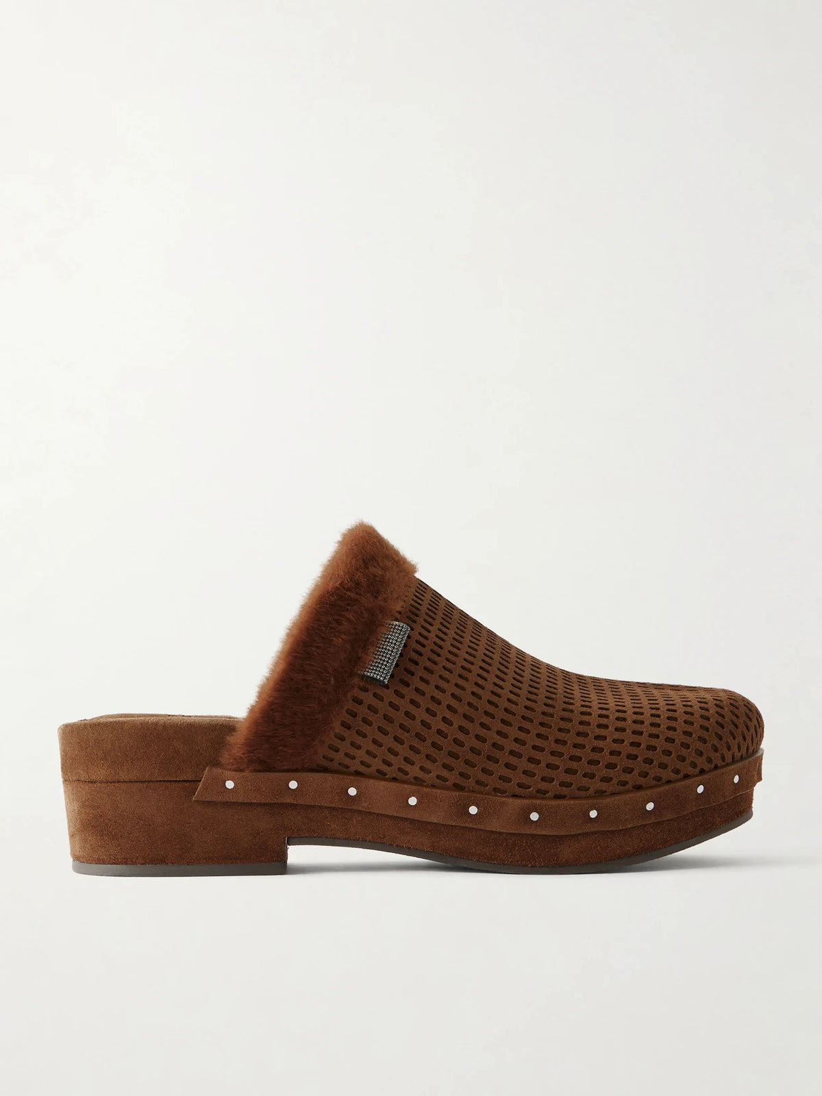 Bead-embellished Shearling-trimmed Suede Clogs