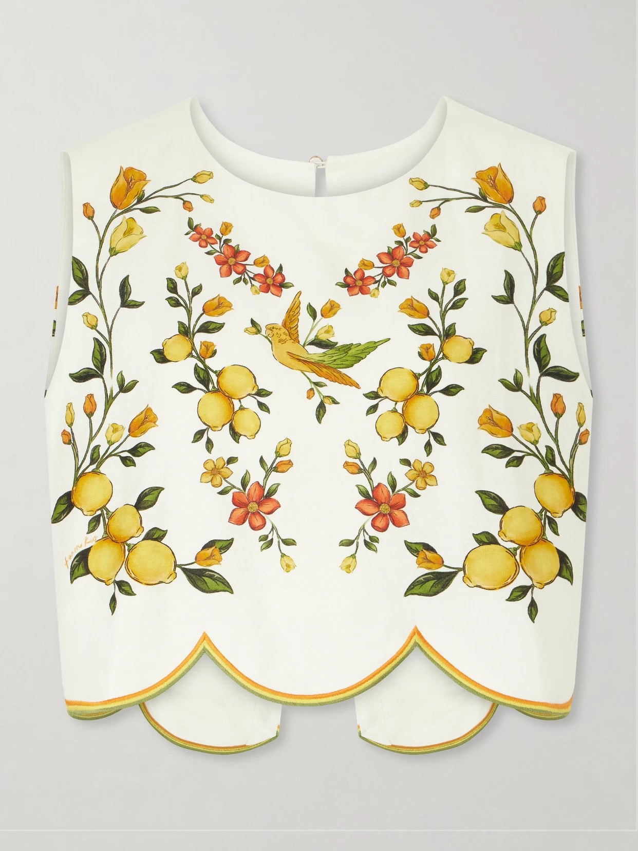 Image of a model wearing Tops. Product name - Lemon Bouquet Embroidered Linen-blend Blouse in Off-white colour by brand - Farm Rio