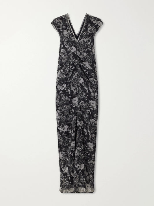Image of Dresses. Product name - Luana Floral-print Ruched Silk Maxi Dress in Black colour by brand - TOVE
