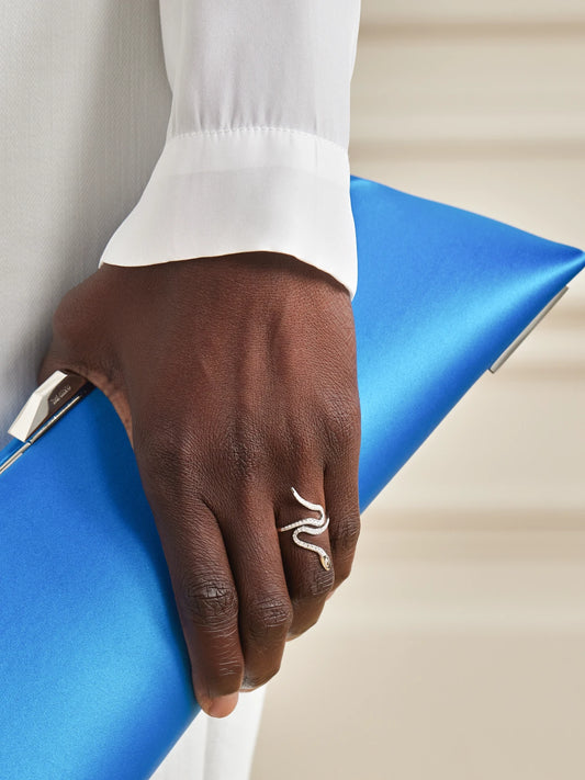 Image of Rings. Product name - Queen Curled Snake 18-karat White Gold Diamond Ring in Multi colour by brand - Ileana Makri