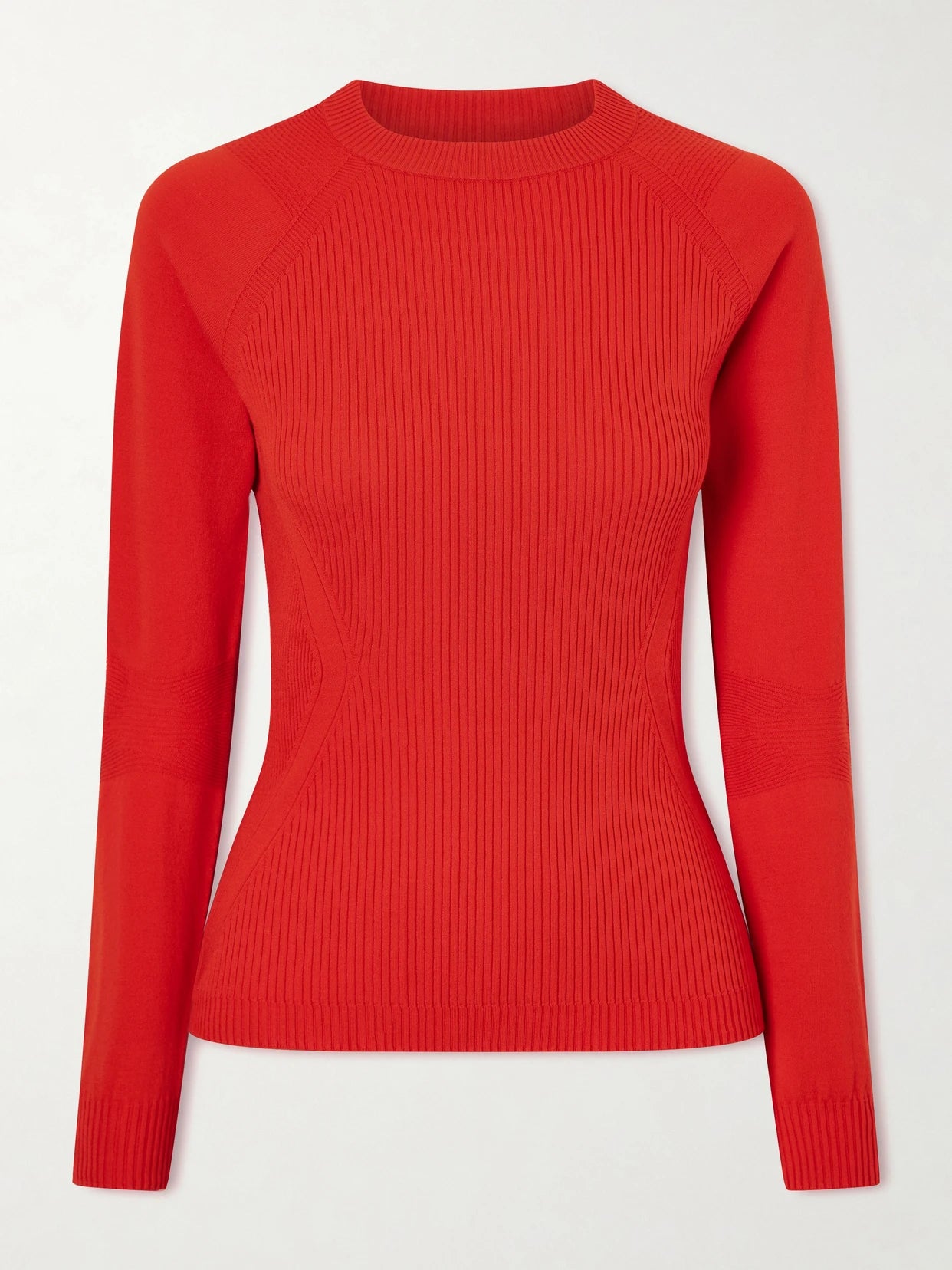 Image of a model wearing Tops. Product name - Appliquéd Ribbed-knit T-shirt in Red colour by brand - Moncler Grenoble