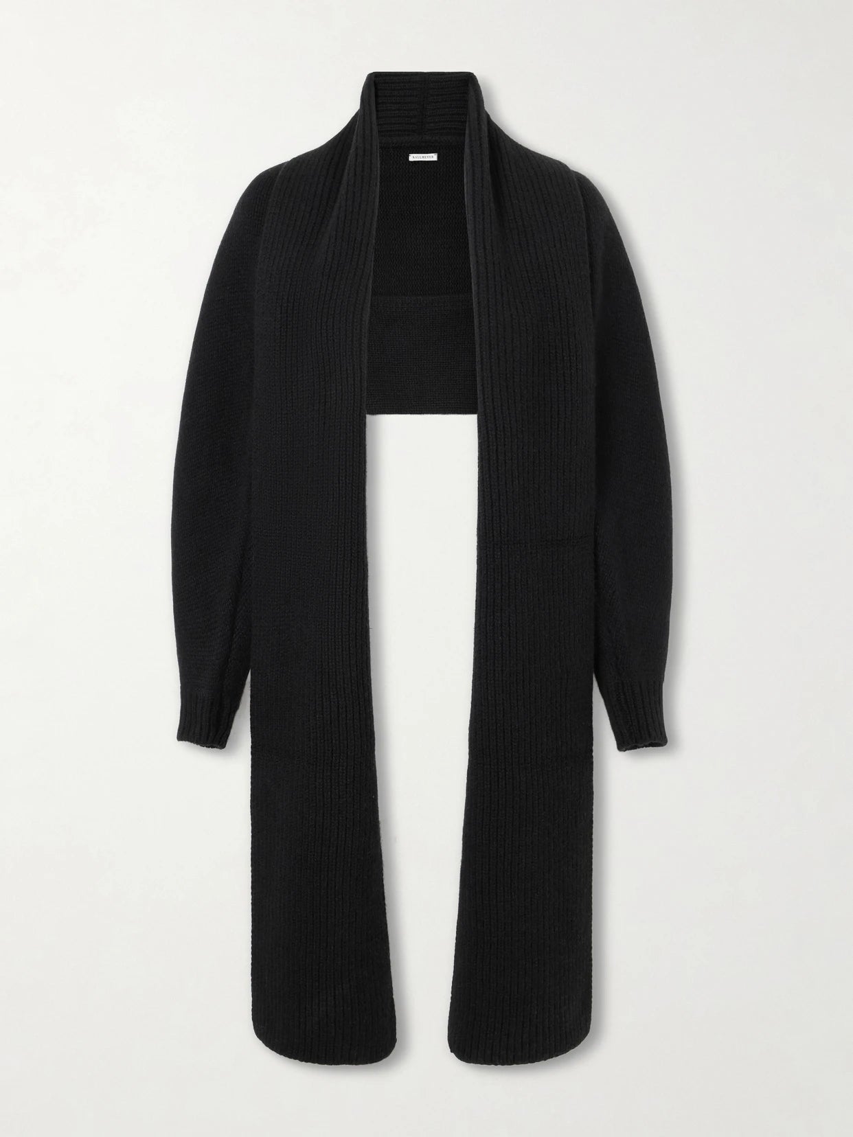Image of a model wearing Outerwear. Product name - Suki Shrug Ribbed-knit Wool And Cashmere-blend Cardigan in Black colour by brand - KALLMEYER