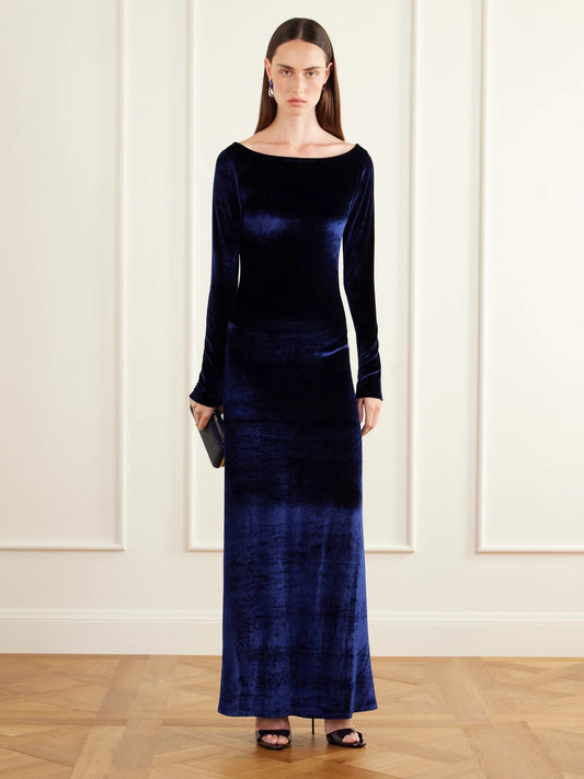 Image of Dresses. Product name - Nicolette Velvet Maxi Gown in Navy colour by brand - TOVE