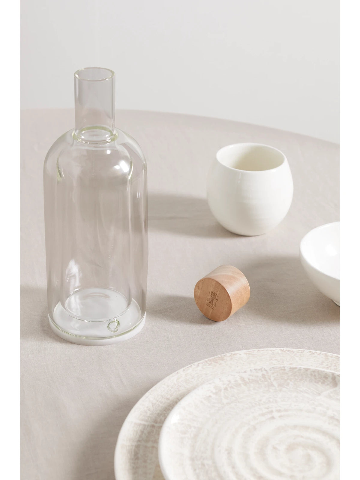 Image of Tableware. Product name - Glass And Walnut Wood Bottle in Clear colour by brand - Brunello Cucinelli
