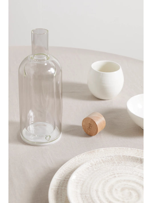 Image of Tableware. Product name - Glass And Walnut Wood Bottle in Clear colour by brand - Brunello Cucinelli
