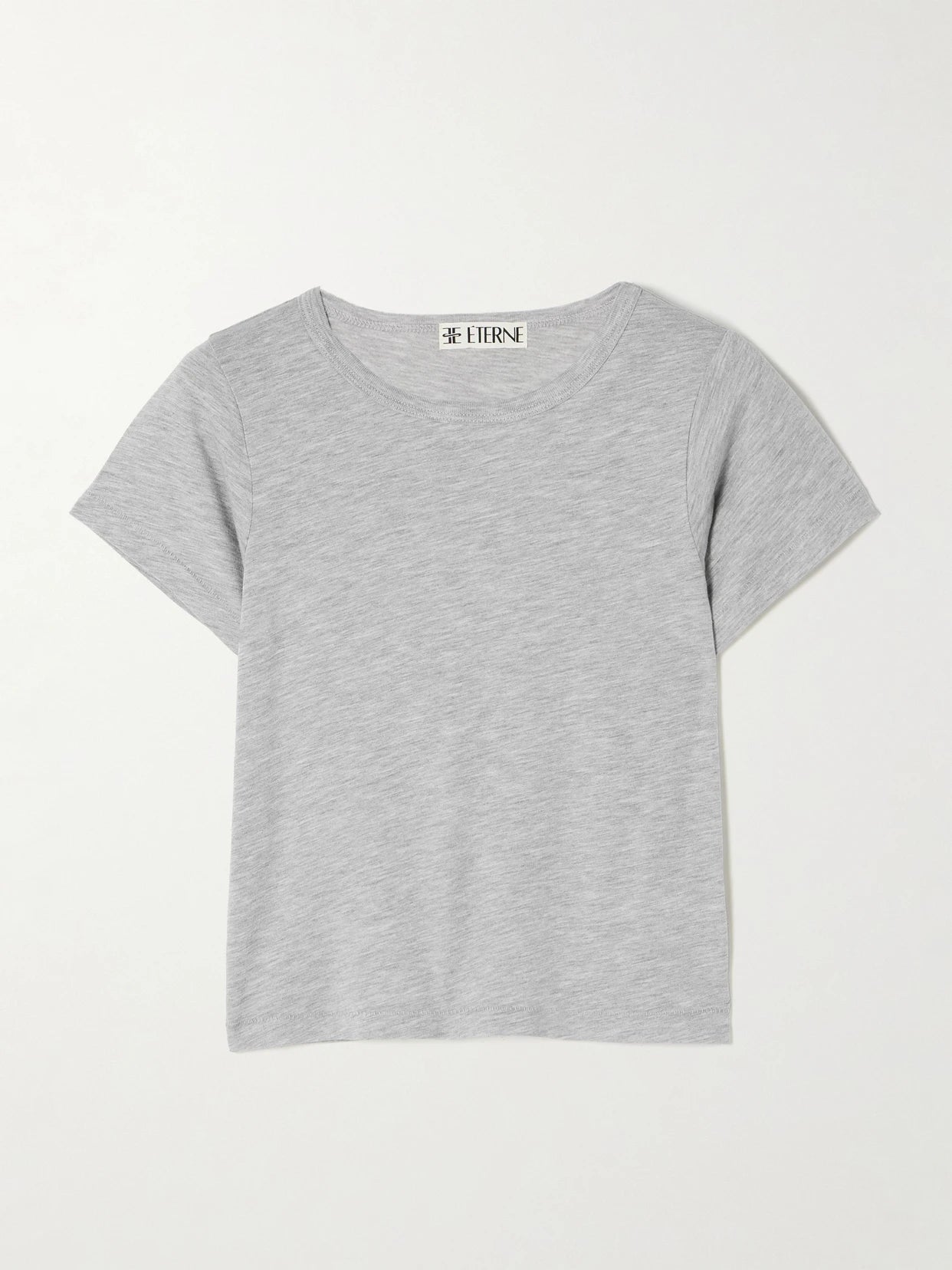 Image of a model wearing Tops. Product name - Baby Tee Cropped Cotton And Modal-blend Jersey T-shirt in Gray colour by brand - ÉTERNE