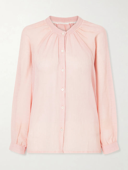 Image of a model wearing Tops. Product name - Mita Cotton Shirt in Pink colour by brand - lemlem