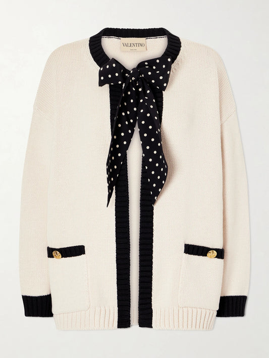 Image of a model wearing Outerwear. Product name - Silk-trimmed Cotton-blend Cardigan in White colour by brand - Valentino Garavani