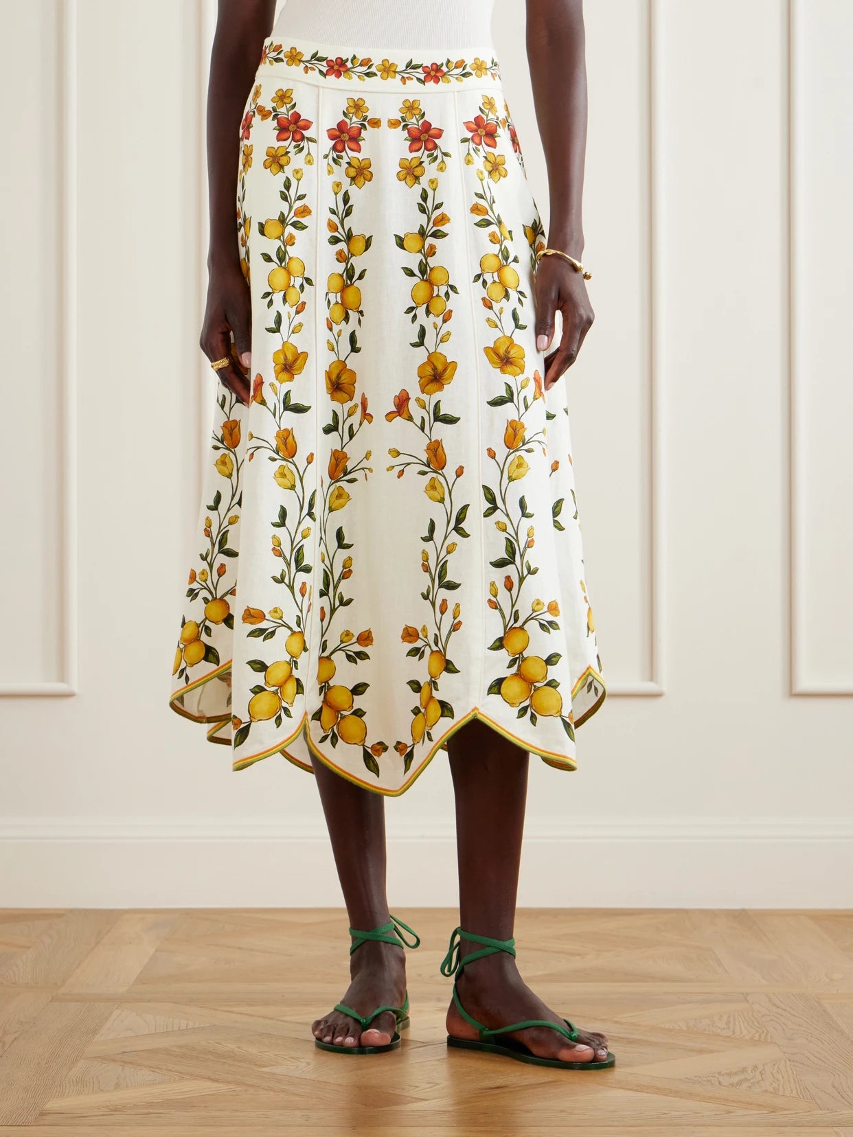 Lemon Bouquet Printed Linen-blend Midi Skirt