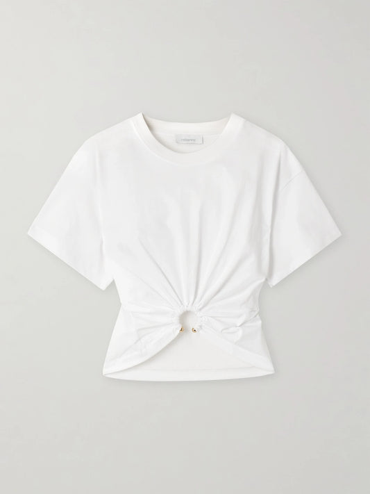 Image of a model wearing Tops. Product name - Cropped Embellished Gathered Cotton-jersey T-shirt in White colour by brand - RABANNE