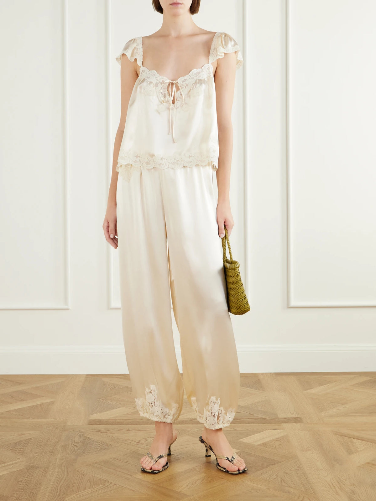 Image of Outfit Sets. Product name - Rosalee Lace-trimmed Silk-satin Top in Cream colour by brand - DÔEN