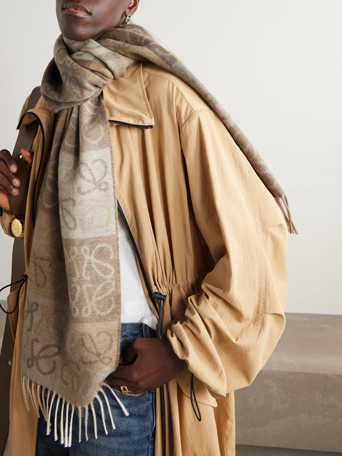 Image of Scarves & Shawls. Product name - Fringed Intarsia Wool And Cashmere-blend Scarf in Beige colour by brand - LOEWE