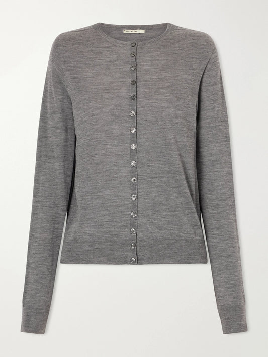 Image of a model wearing Outerwear. Product name - Crosby Merino Wool Cardigan in Gray colour by brand - KALLMEYER
