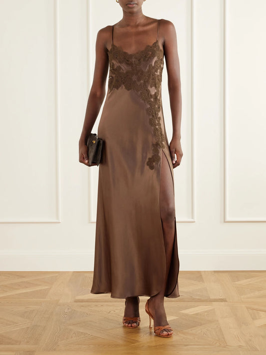 Image of Dresses. Product name - Giadeite Lace-trimmed Silk Maxi Dress in Brown colour by brand - Loretta Caponi