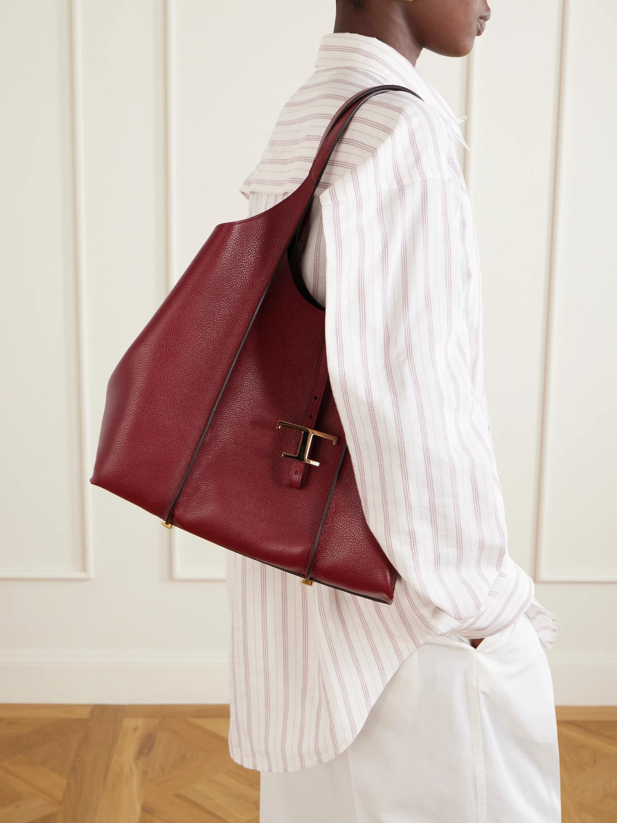 Image of Bags. Product name - T Medium Textured-leather Shoulder Bag in Burgundy colour by brand - Tod's
