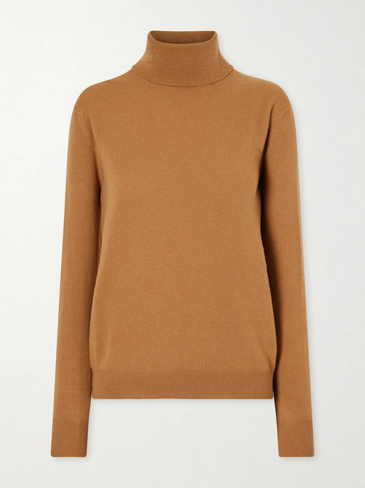 Image of a model wearing Outerwear. Product name - Wool And Cashmere-blend Turtleneck Sweater in Brown colour by brand - Jil Sander