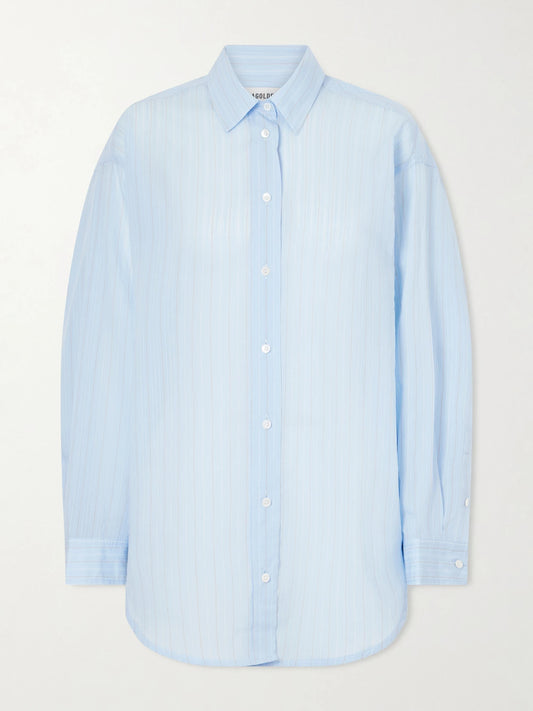 Image of a model wearing Tops. Product name - Sona Striped Cotton-blend Shirt in Blue colour by brand - AGOLDE
