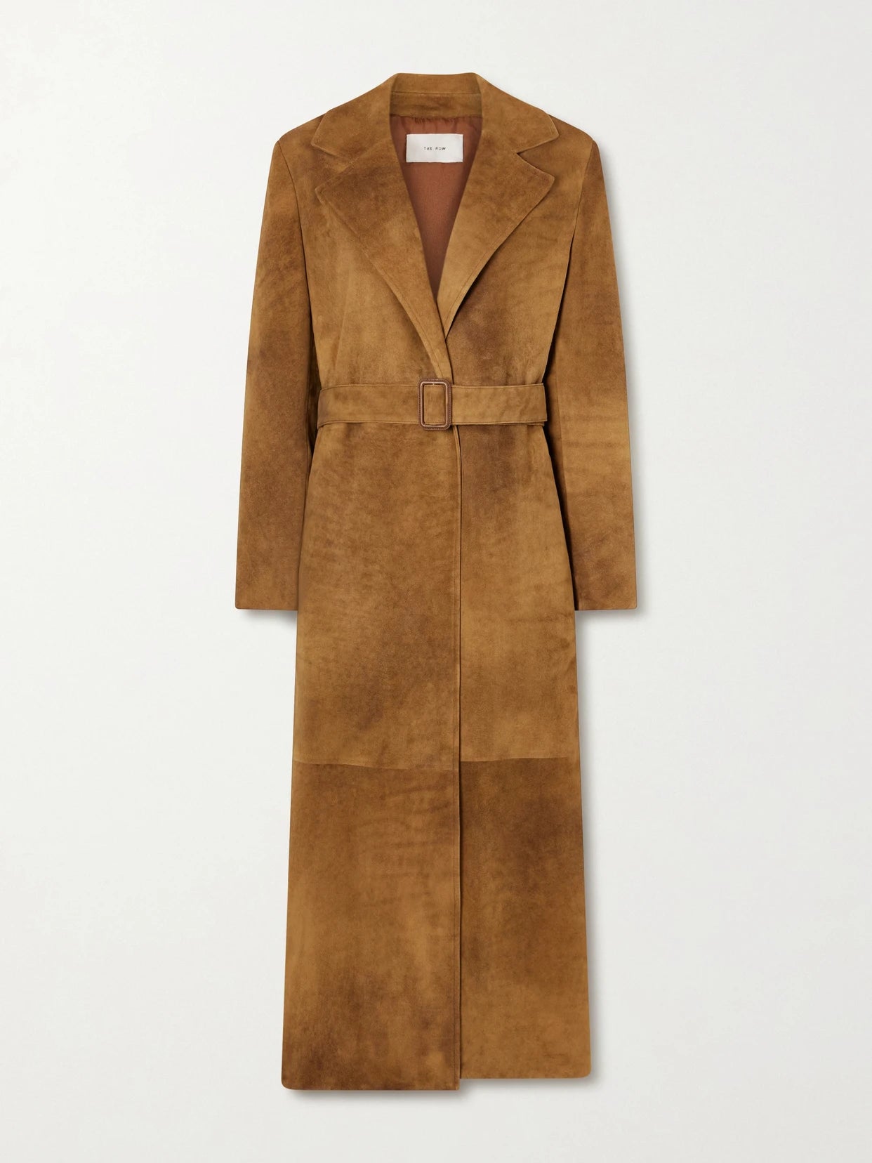 Image of Coats & Jackets. Product name - Raisa Belted Suede Trench Coat in Tan colour by brand - The Row