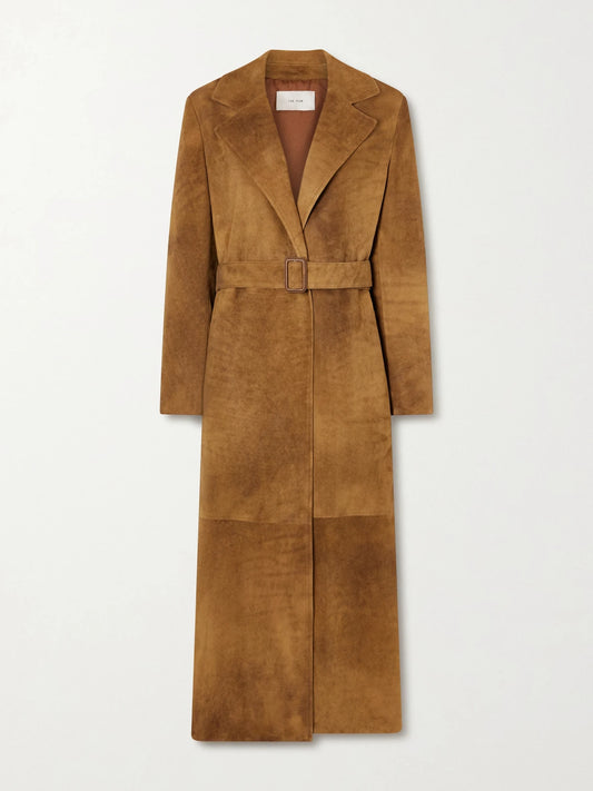 Image of Coats & Jackets. Product name - Raisa Belted Suede Trench Coat in Tan colour by brand - The Row