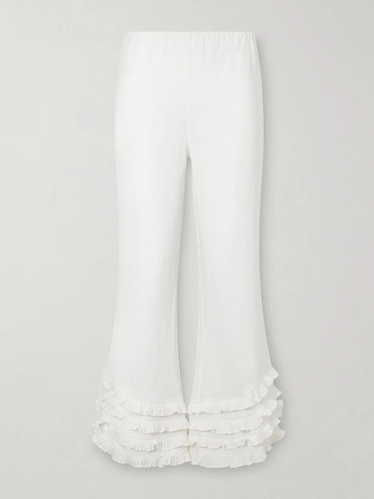 Image of a model wearing Pants. Product name - Florence Ruffled Linen Straight-leg Pants in White colour by brand - Posse