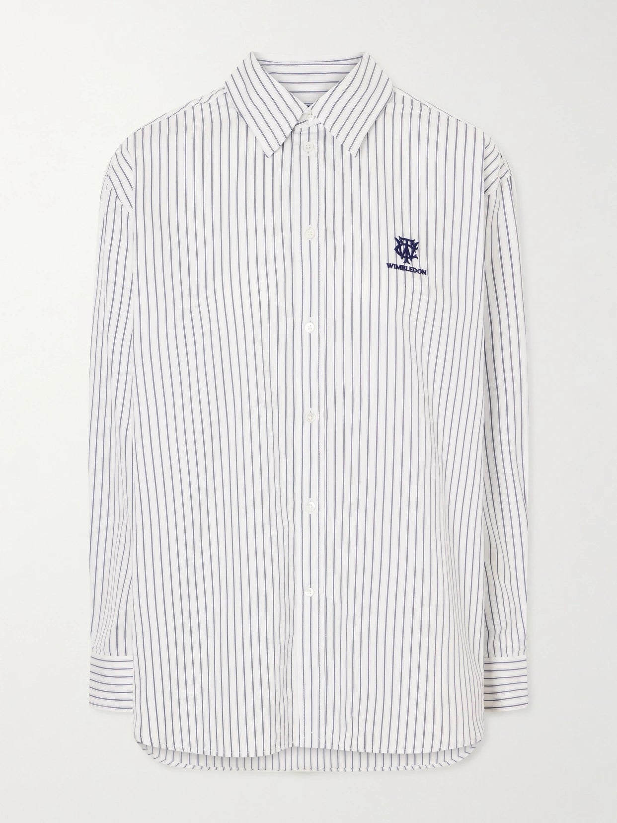 Image of a model wearing Tops. Product name - + Wimbledon Embroidered Striped Cotton-poplin Shirt in Blue colour by brand - Polo Ralph Lauren
